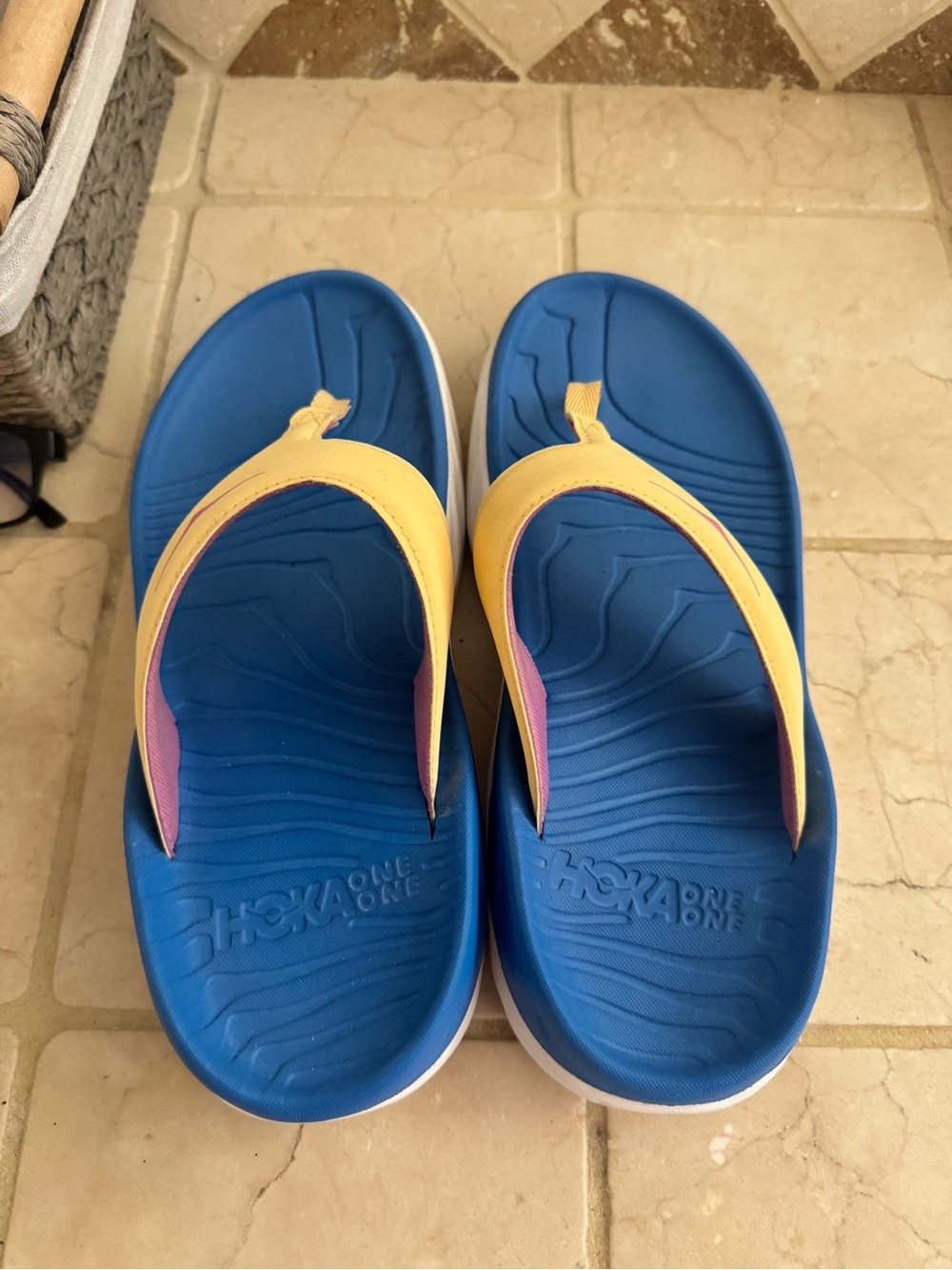 Hoka One One Blue, Yellow and Pink Slide Sandals